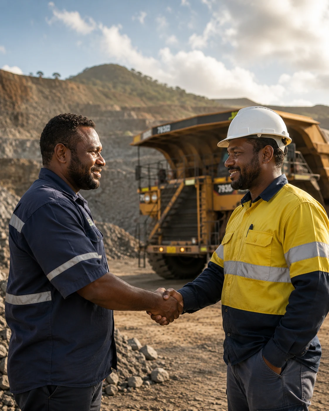 Business owners shaking hands at a PNG construction site, illustrating asset based finance