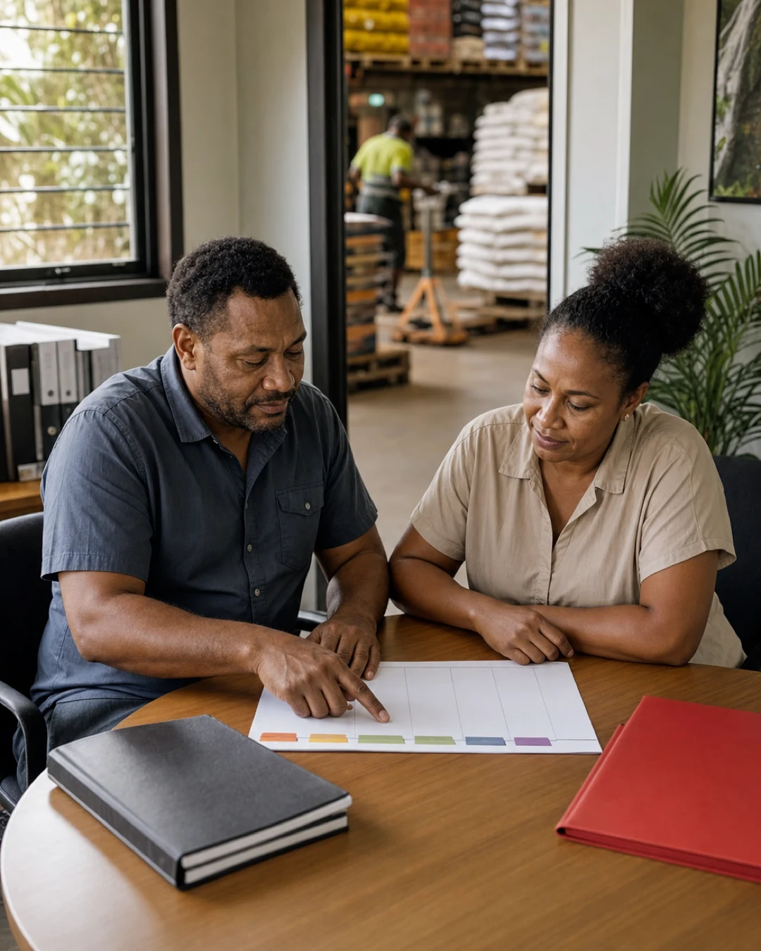 Business owners reviewing term deposit documents at an office desk