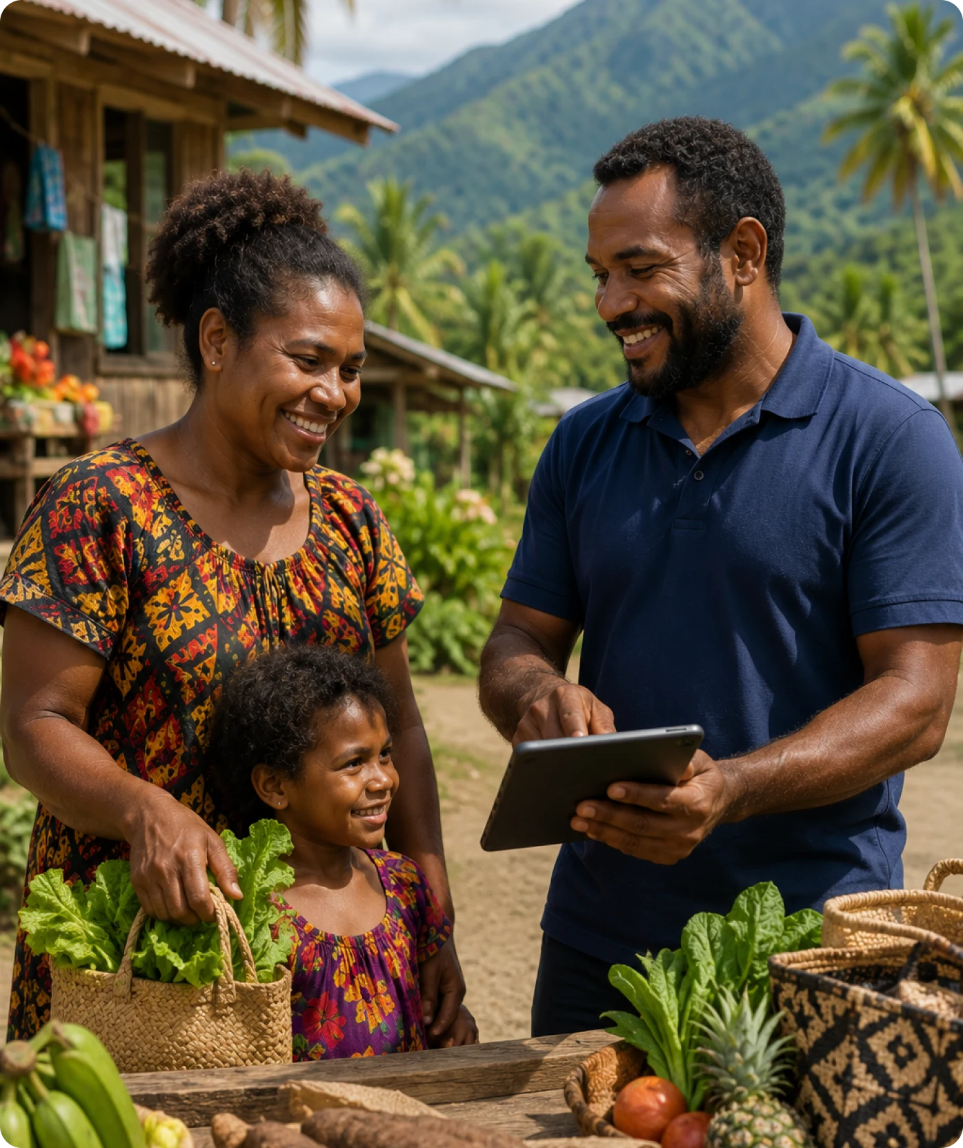 Family in Papua New Guinea reviewing finance options on a tablet